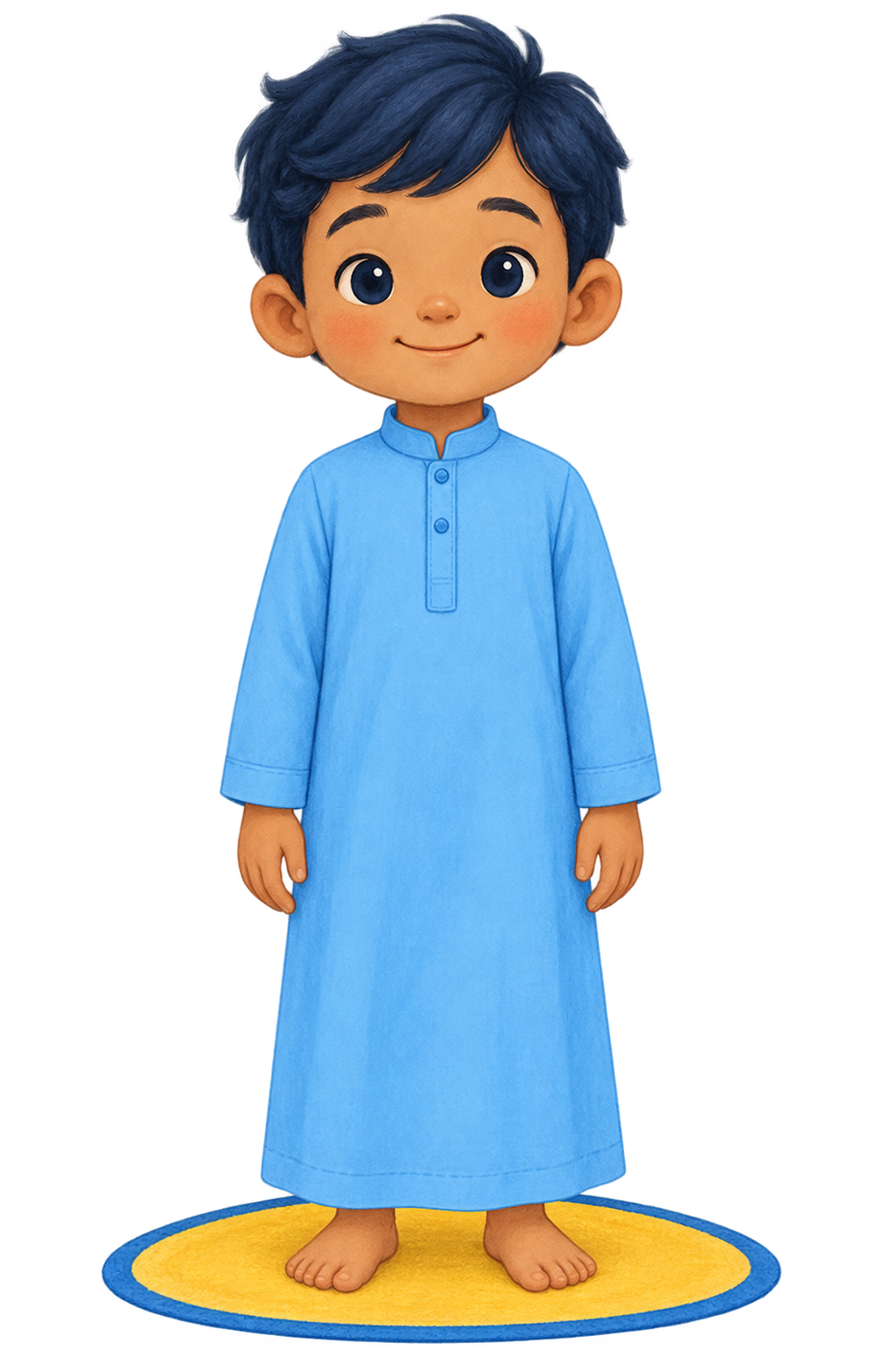 A child standing on a yellow prayer mat